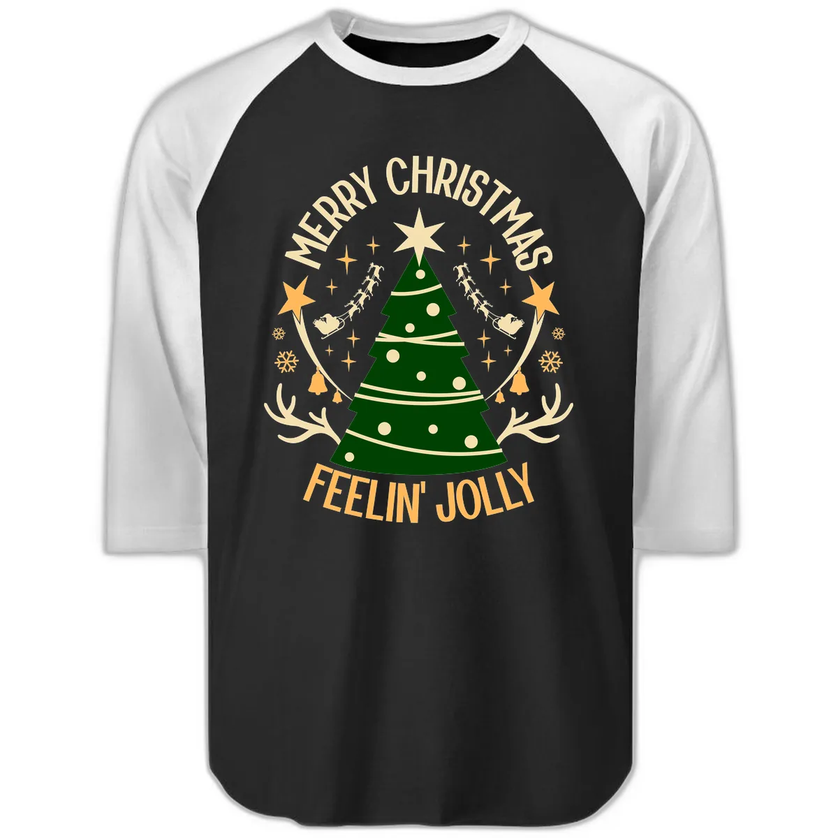 Merry Christmas Feelin' Jolly Raglan 3/4 in Black White