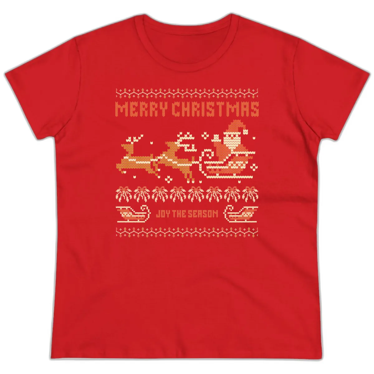 Merry Christmas Santa Sleigh Ride Ladies Tee in Red