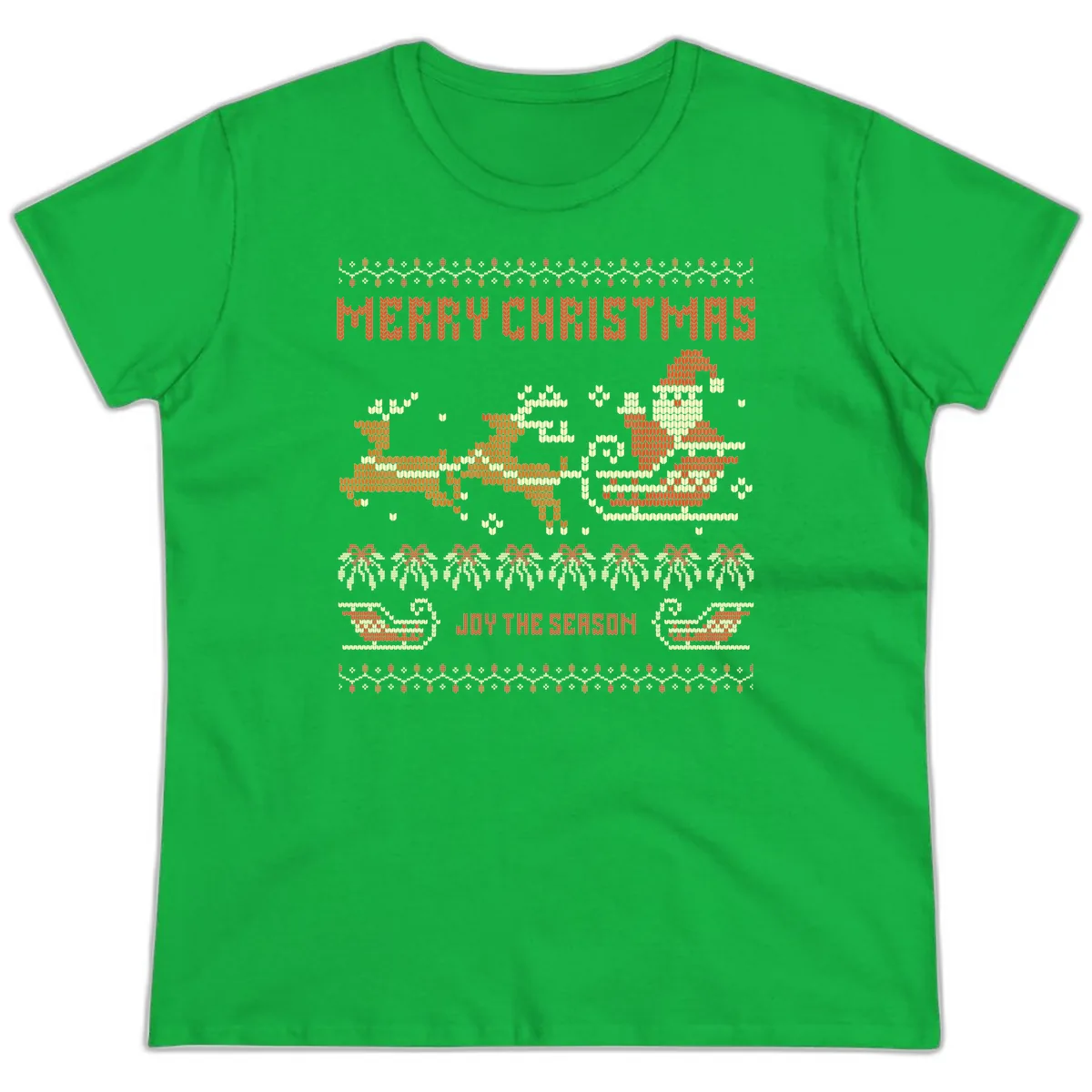 Merry Christmas Santa Sleigh Ride Ladies Tee in Irish Green