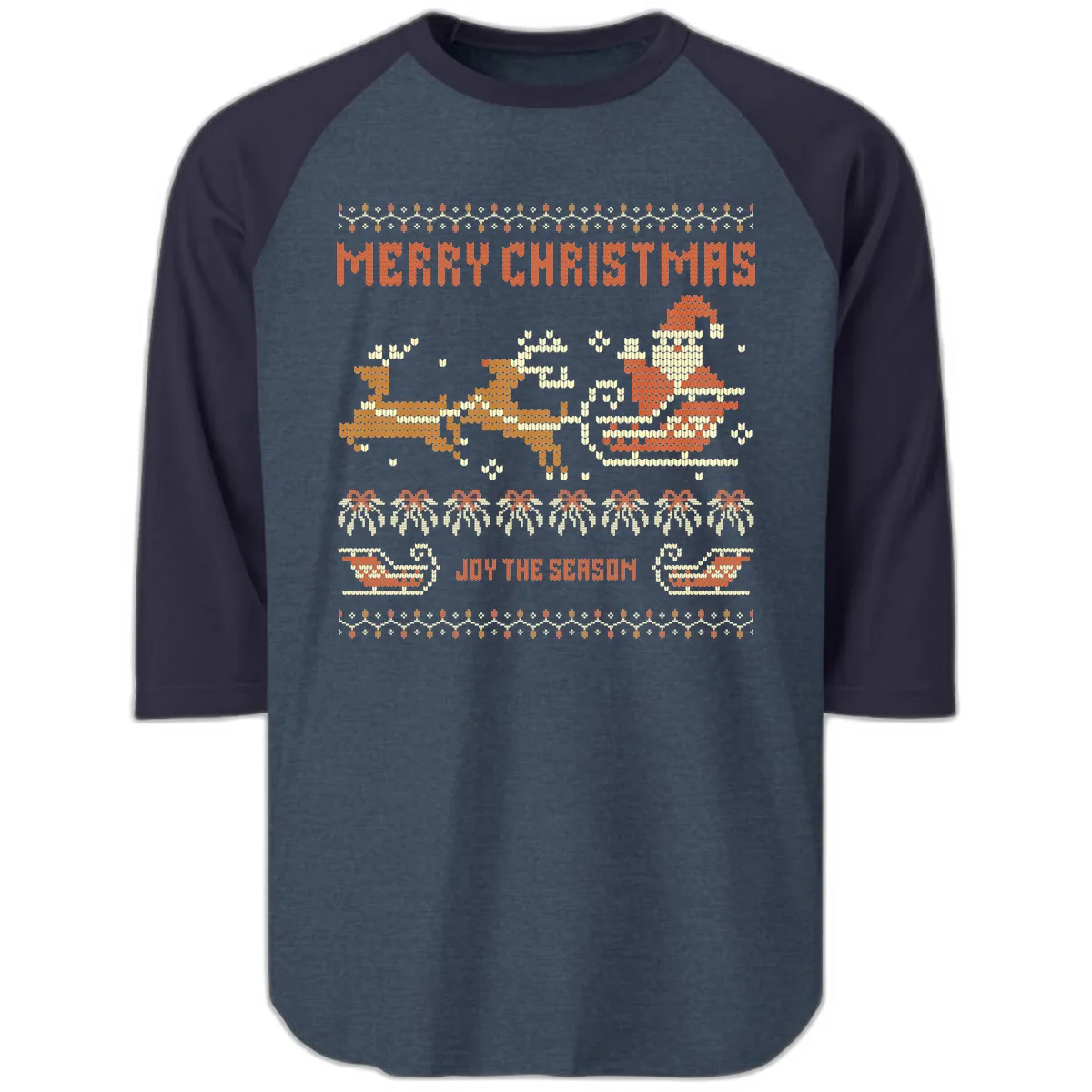 Merry Christmas Santa Sleigh Ride Raglan 3/4 in Heather Denim Navy