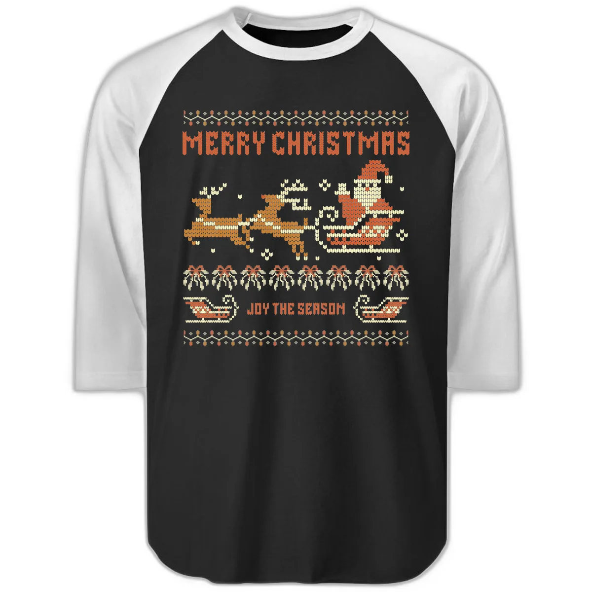 Merry Christmas Santa Sleigh Ride Raglan 3/4 in Black White
