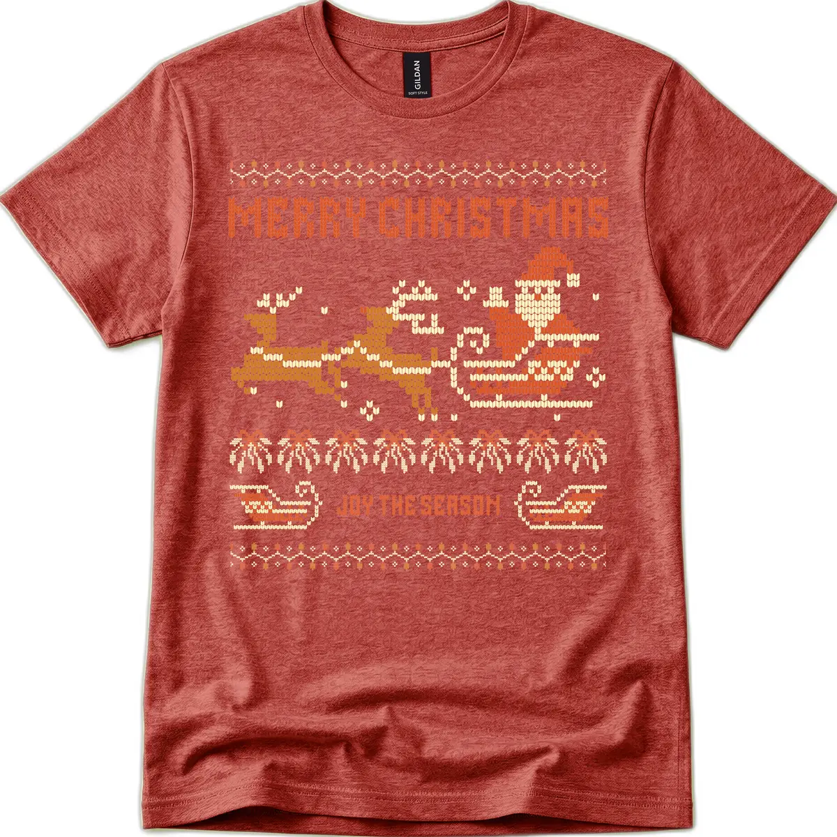Merry Christmas Santa Sleigh Ride T-Shirt in Heather Cardinal