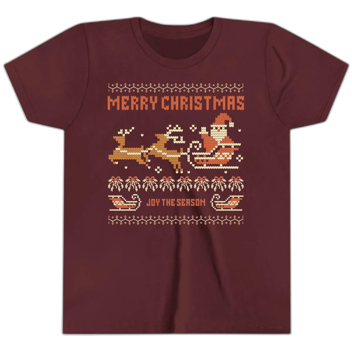 Merry Christmas Santa Sleigh Ride Youth T-Shirt in Maroon