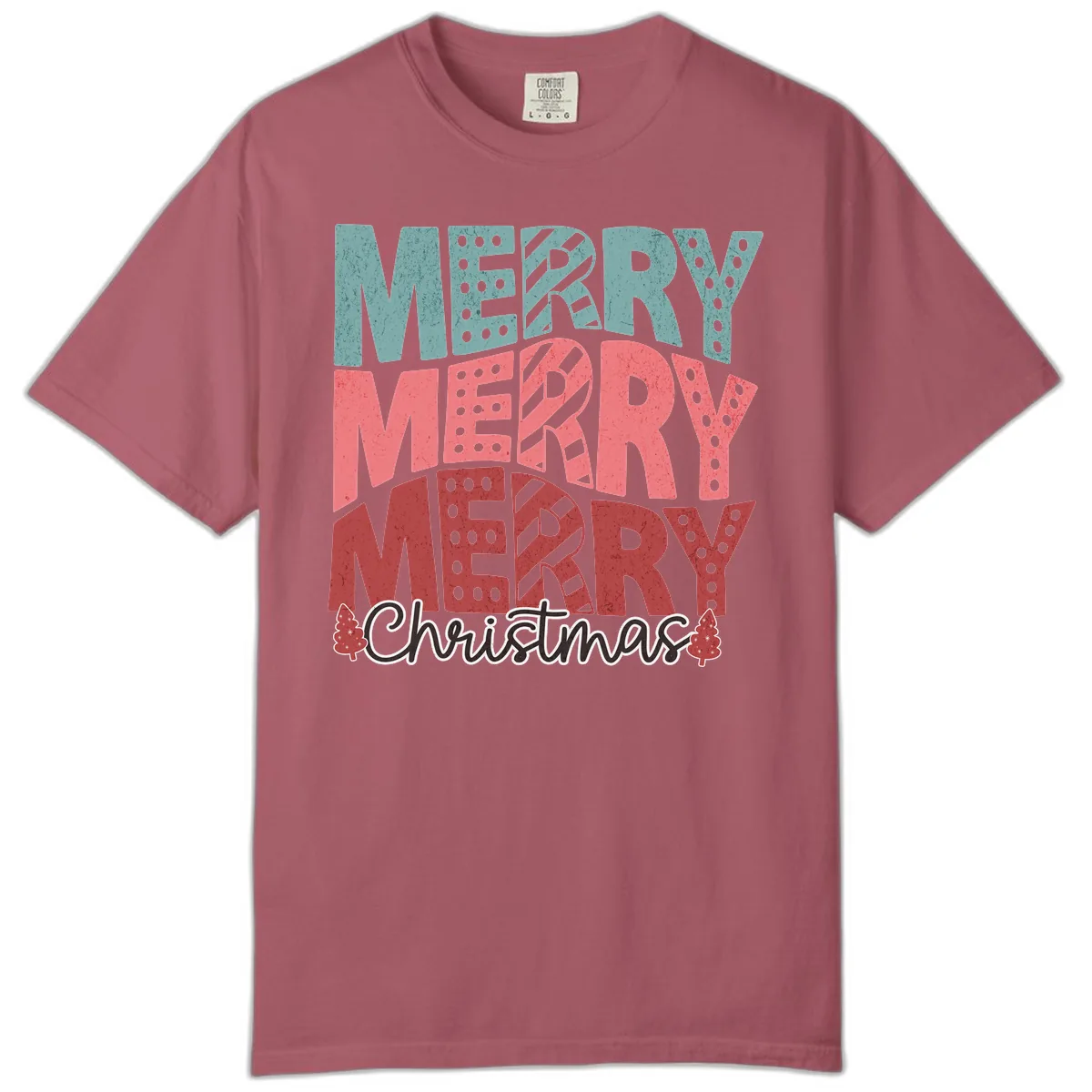Merry Merry Merry Christmas Typographic Comfort Color in Crimson