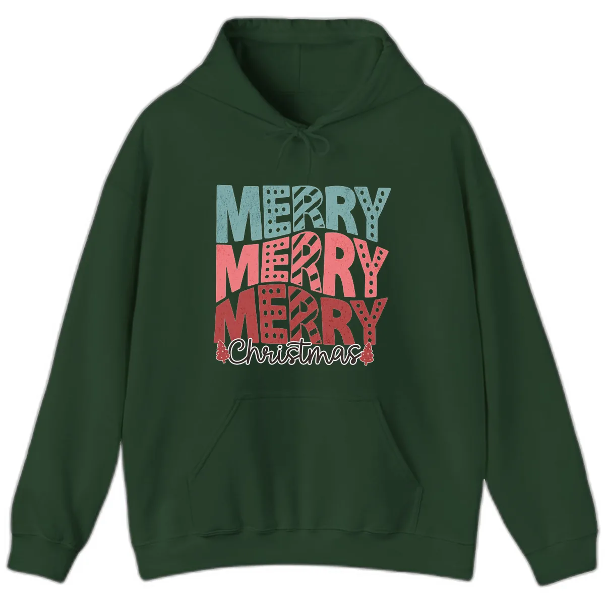 Merry Merry Merry Christmas Typographic Hoodie in Forest Green
