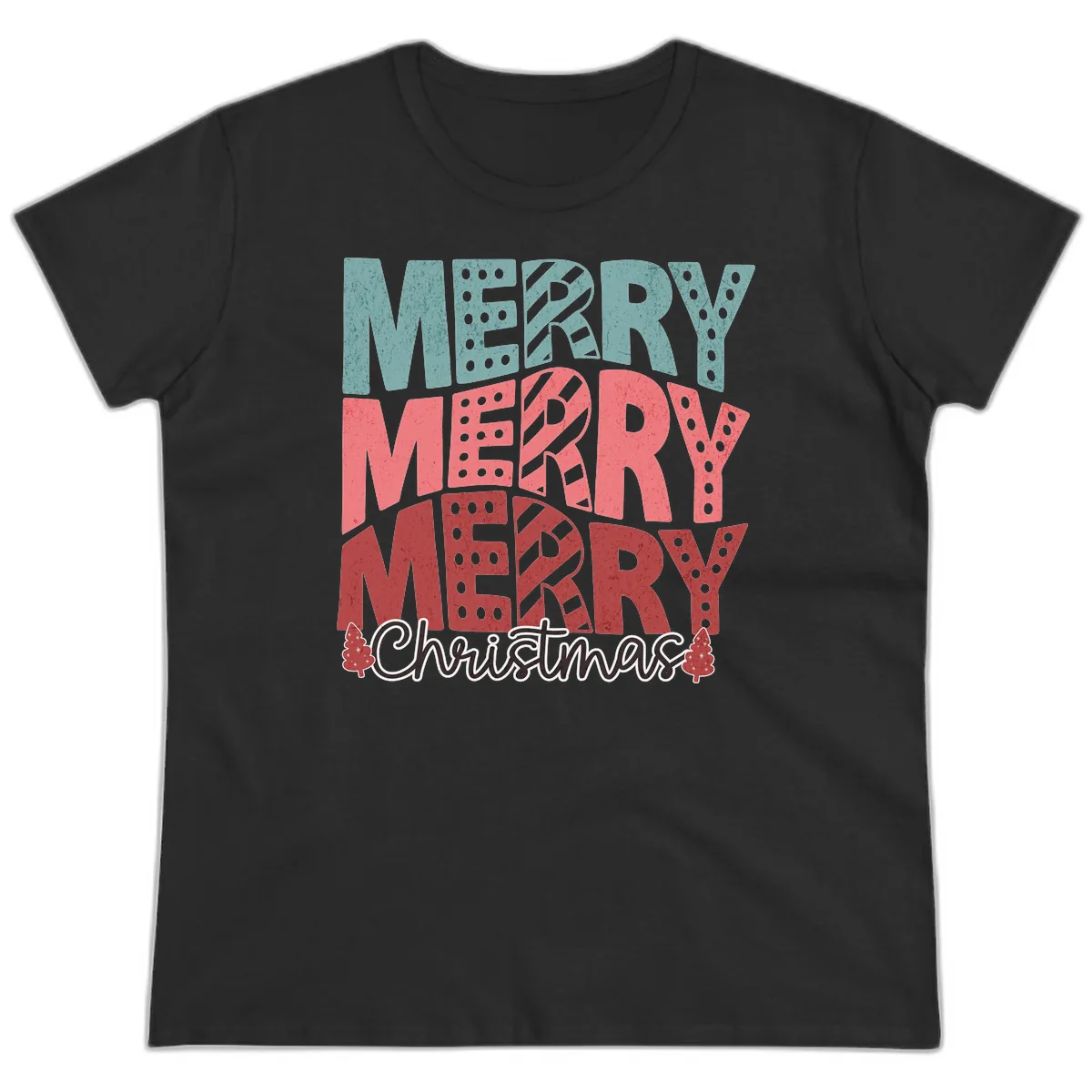 Merry Merry Merry Christmas Typographic Ladies Tee in Black