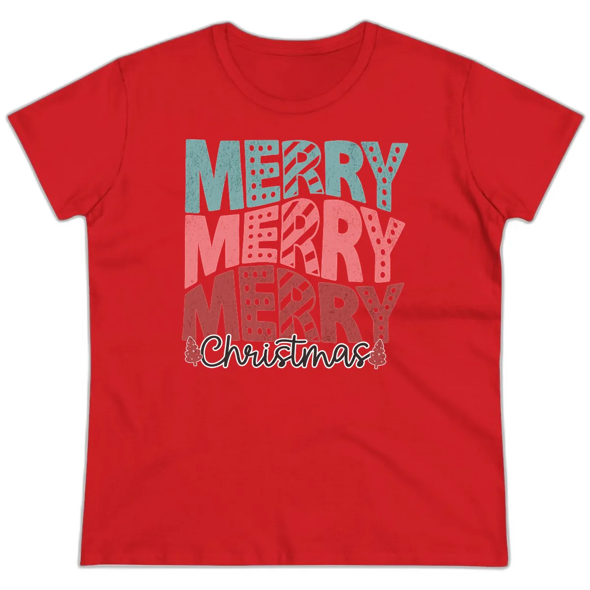 Merry Merry Merry Christmas Typographic Ladies Tee in Red