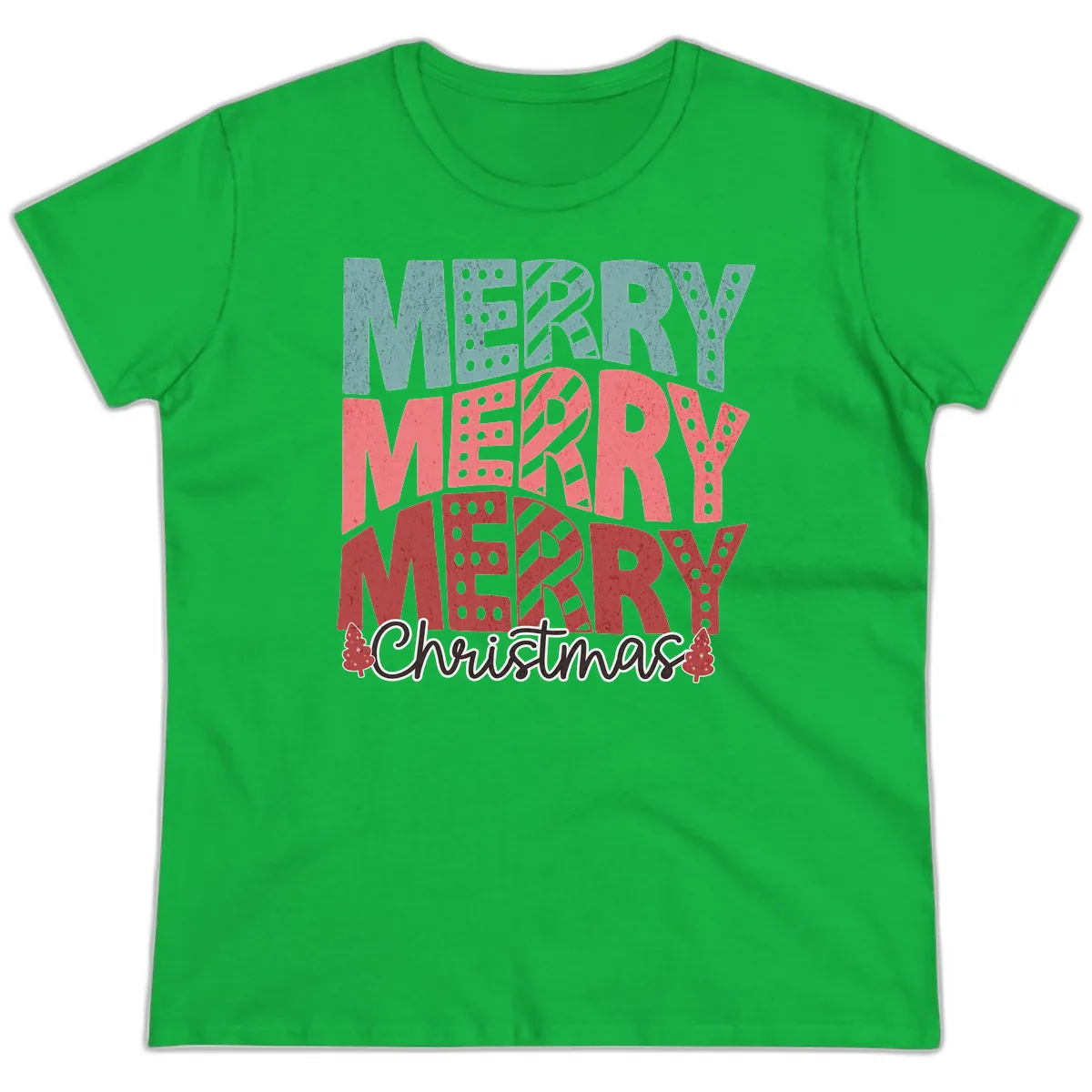 Merry Merry Merry Christmas Typographic Ladies Tee in Irish Green
