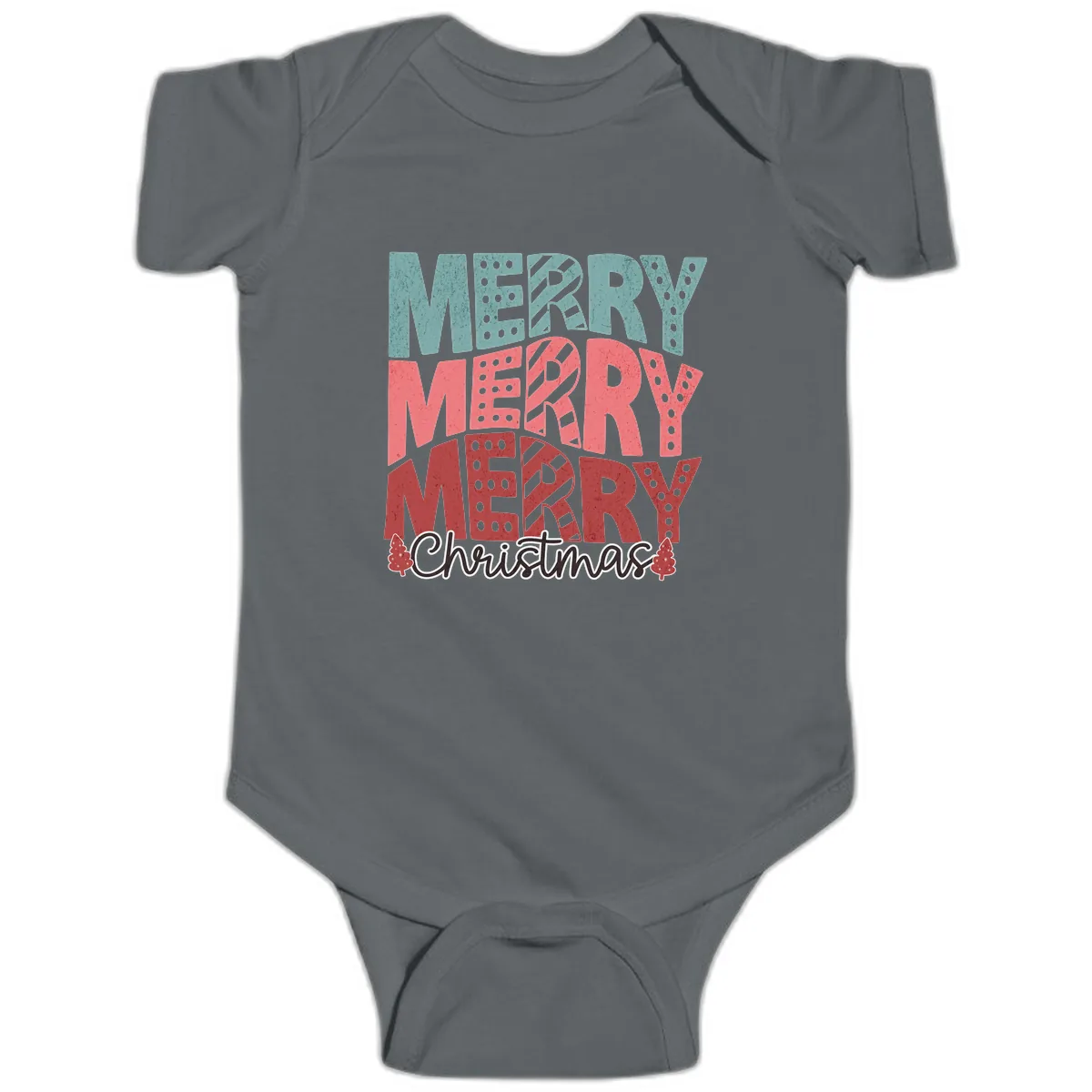 Merry Merry Merry Christmas Typographic Baby Onesie in Charcoal