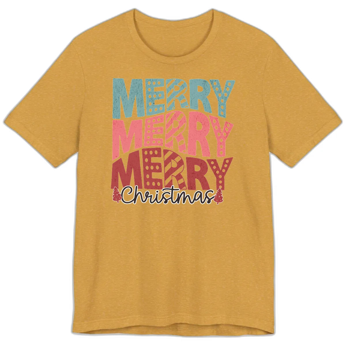 Merry Merry Merry Christmas Typographic Premium T-Shirt in Heather Mustard