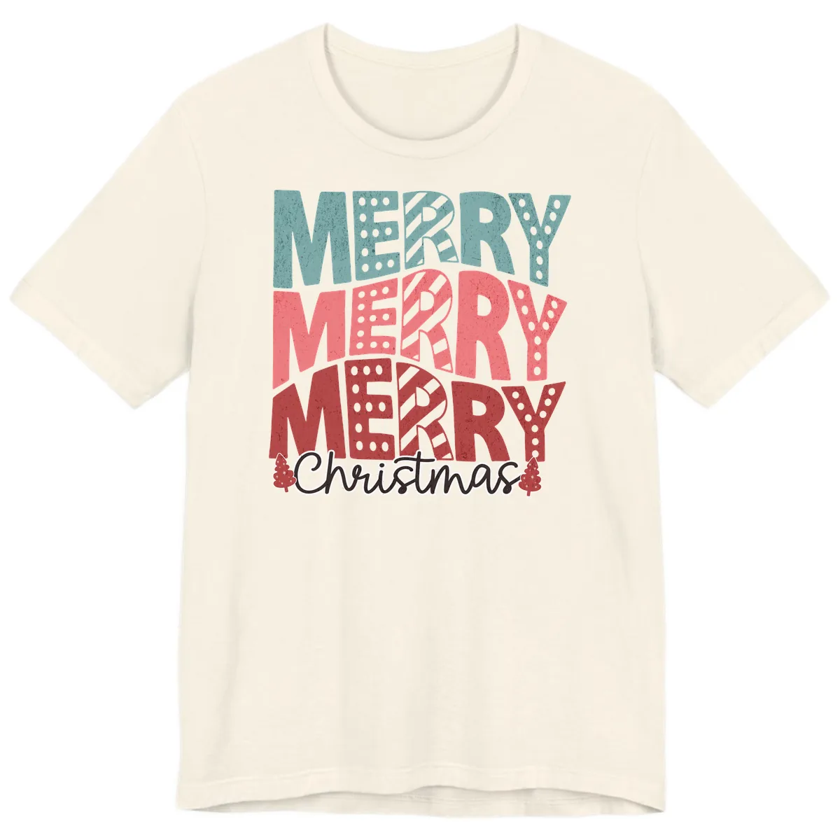 Merry Merry Merry Christmas Typographic Premium T-Shirt in Natural