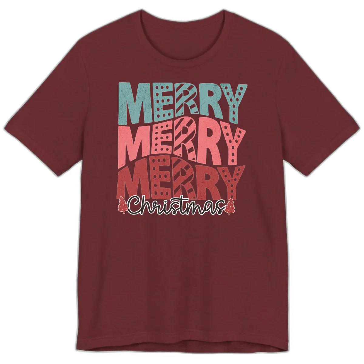 Merry Merry Merry Christmas Typographic Premium T-Shirt in Heather Cardinal