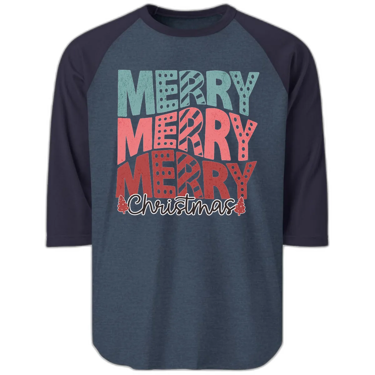Merry Merry Merry Christmas Typographic Raglan 3/4 in Heather Denim Navy
