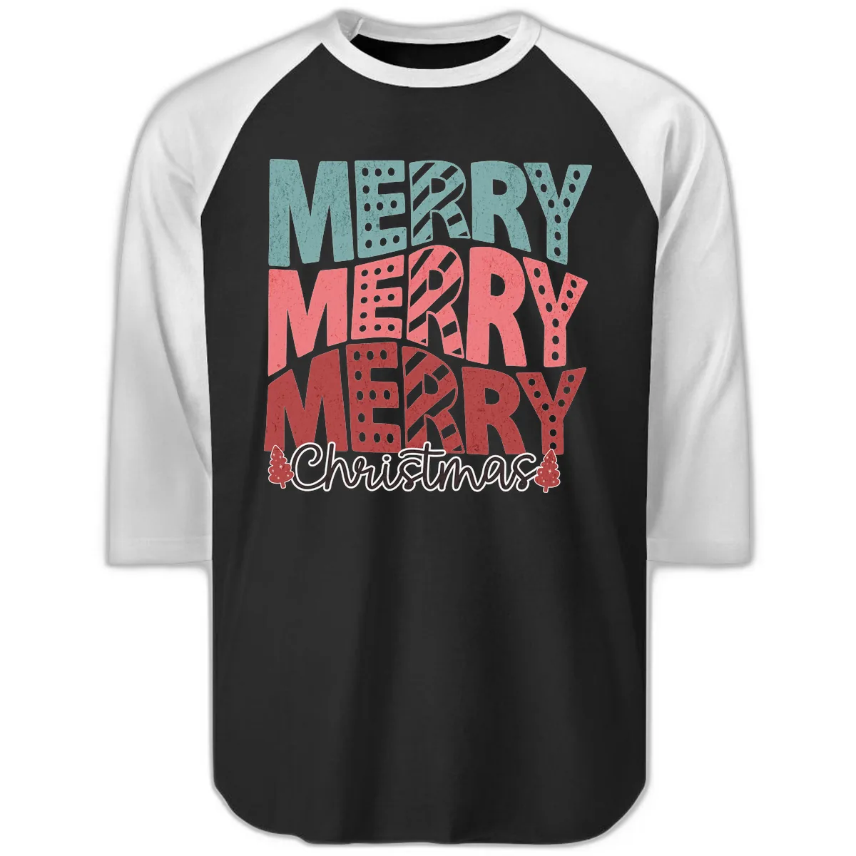 Merry Merry Merry Christmas Typographic Raglan 3/4 in Black White