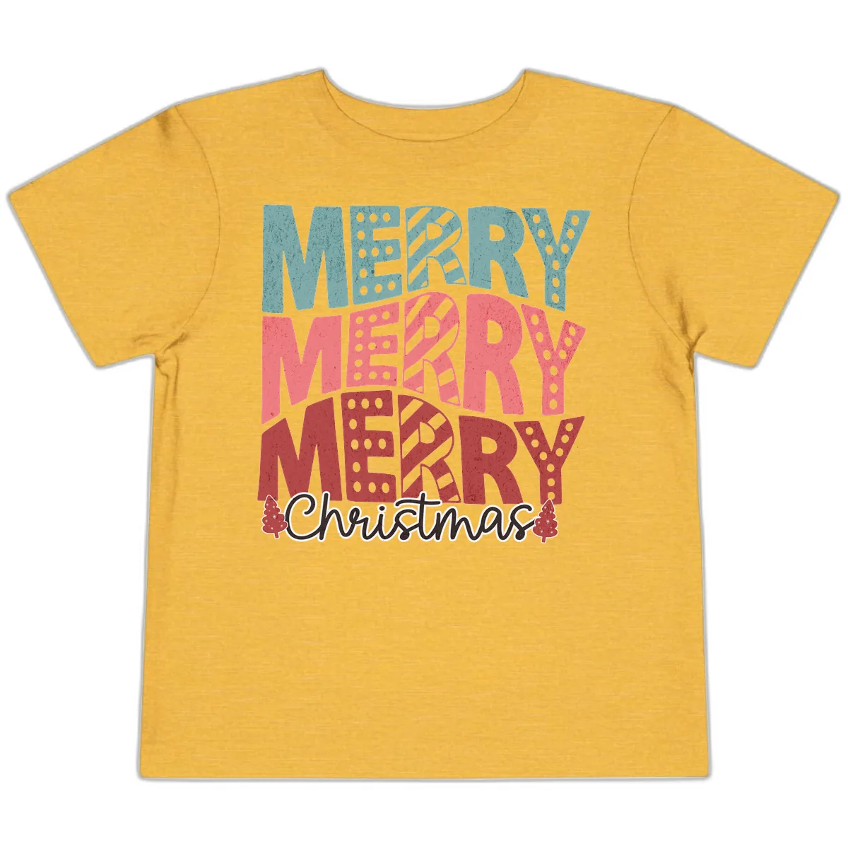 Merry Merry Merry Christmas Typographic Toddler T-Shirt in Heather Yellow Gold