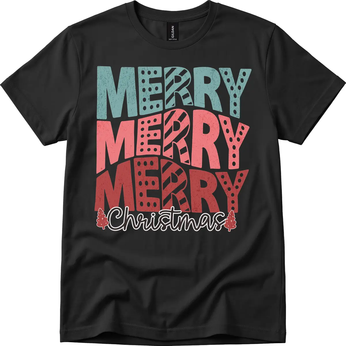 Merry Merry Merry Christmas Typographic T-Shirt in Black