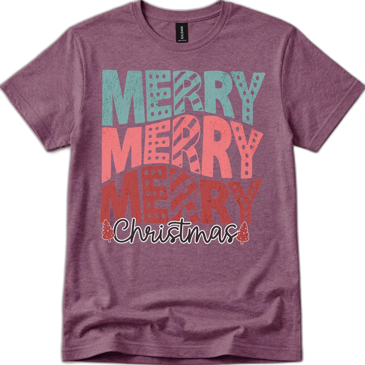 Merry Merry Merry Christmas Typographic T-Shirt in Heather Maroon