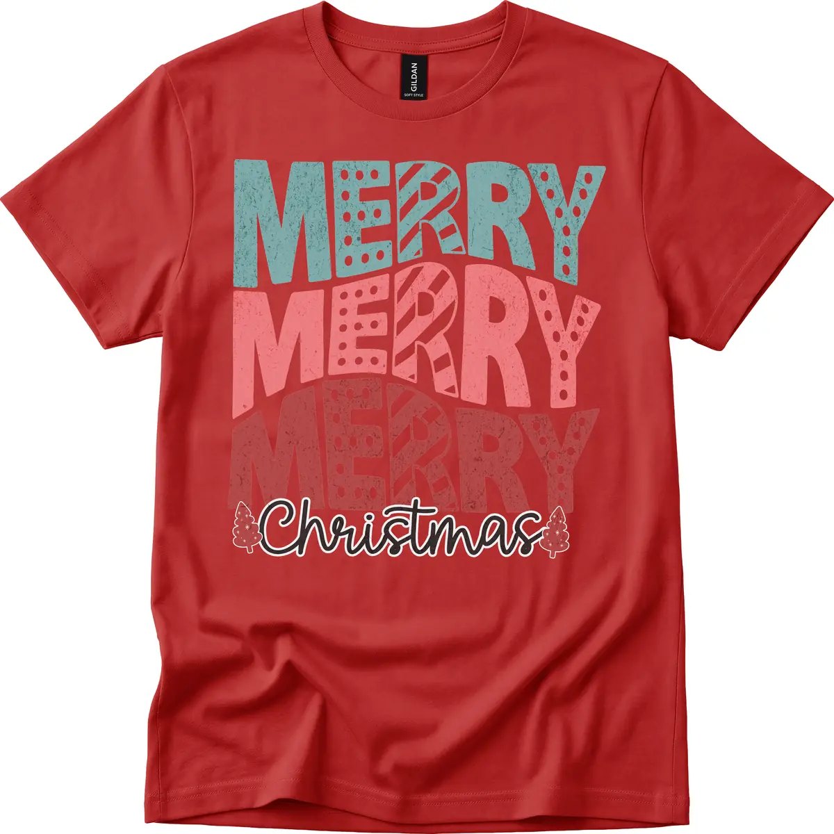 Merry Merry Merry Christmas Typographic T-Shirt in Red