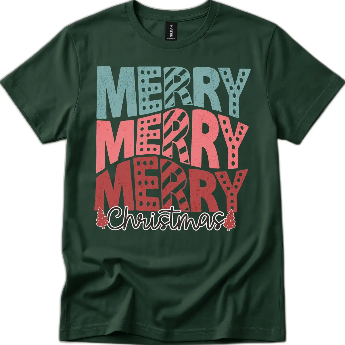 Merry Merry Merry Christmas Typographic T-Shirt in Forest Green