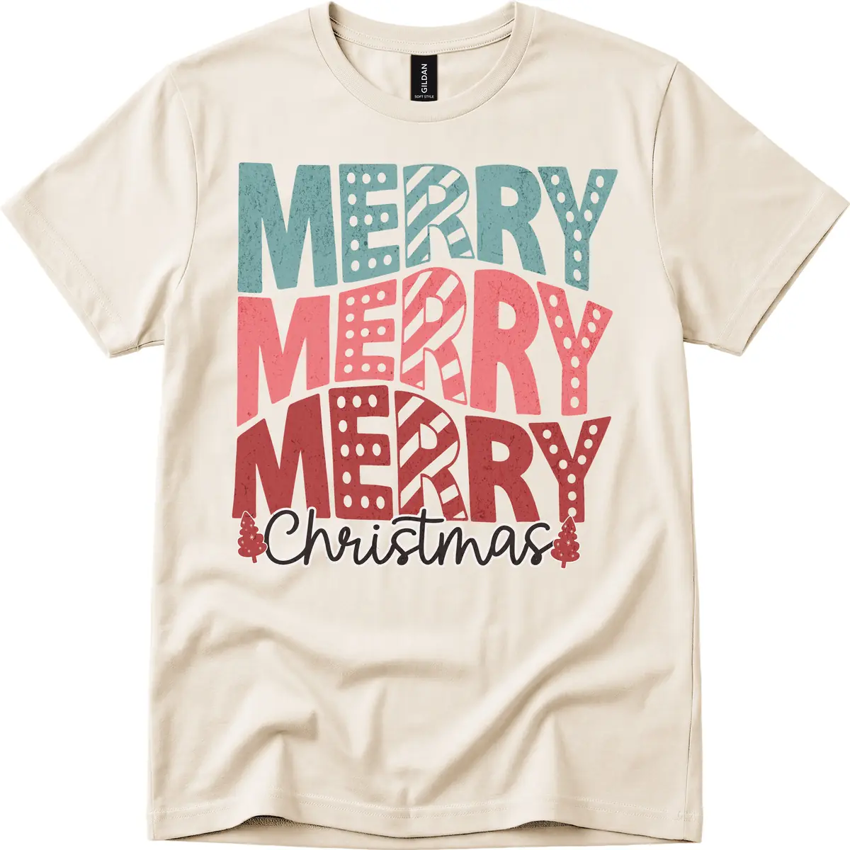 Merry Merry Merry Christmas Typographic T-Shirt in Natural