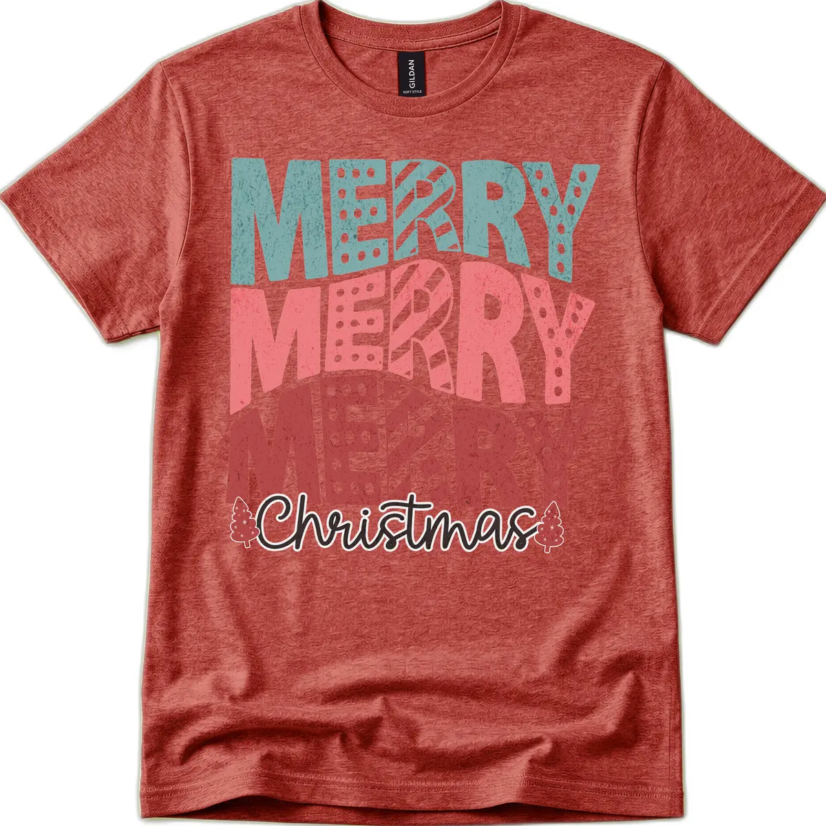 Merry Merry Merry Christmas Typographic T-Shirt in Heather Cardinal
