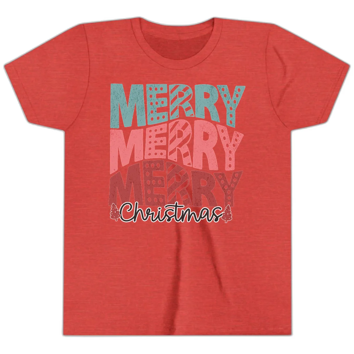 Merry Merry Merry Christmas Typographic Youth T-Shirt in Heather Red