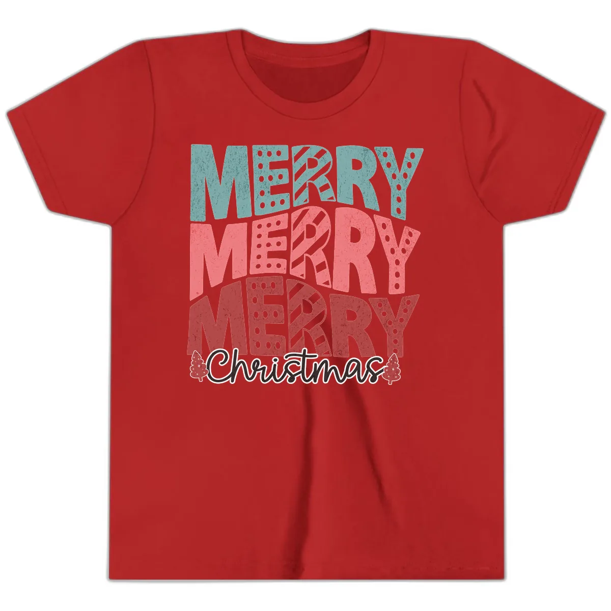 Merry Merry Merry Christmas Typographic Youth T-Shirt in Red