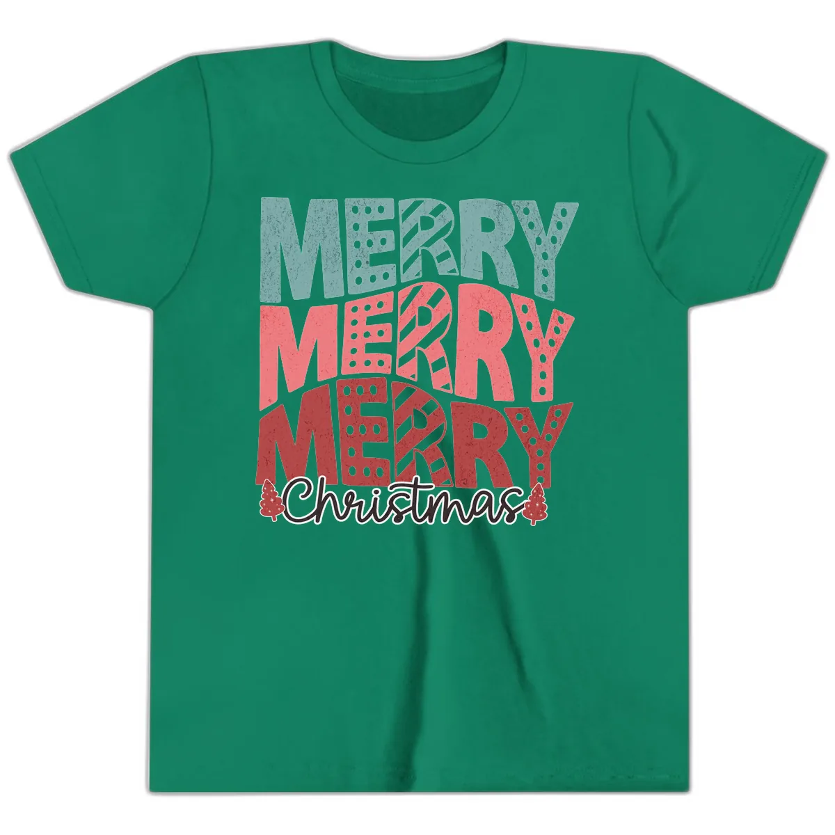 Merry Merry Merry Christmas Typographic Youth T-Shirt in Kelly