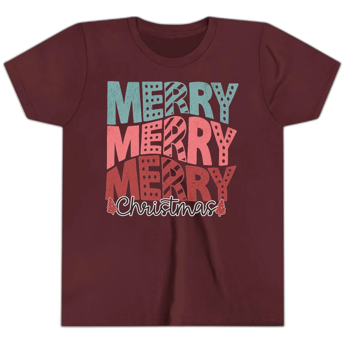 Merry Merry Merry Christmas Typographic Youth T-Shirt in Maroon