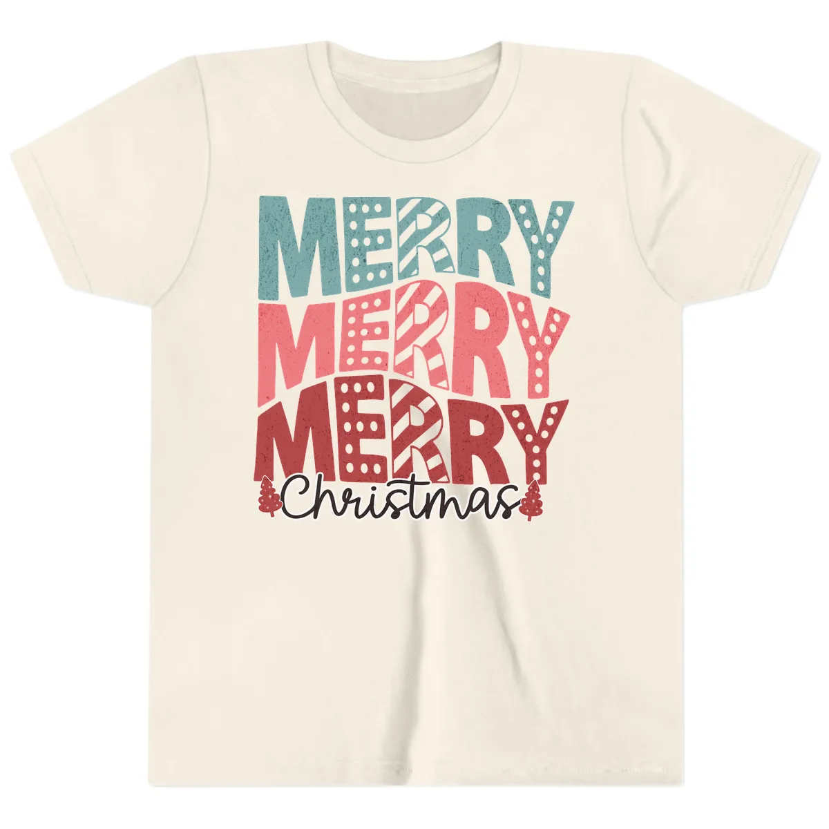 Merry Merry Merry Christmas Typographic Youth T-Shirt in Natural