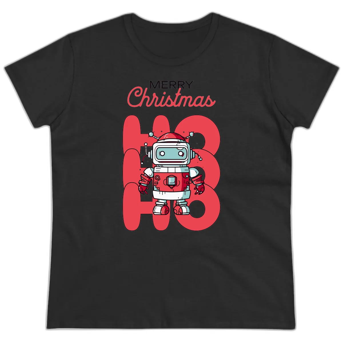 Robot Ho Ho Ho Christmas Ladies Tee in Black