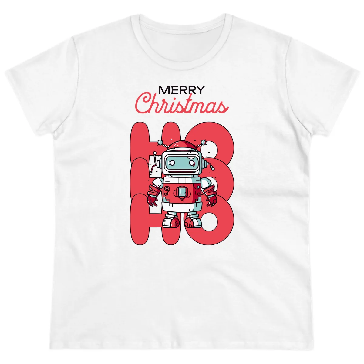 Robot Ho Ho Ho Christmas Ladies Tee in White
