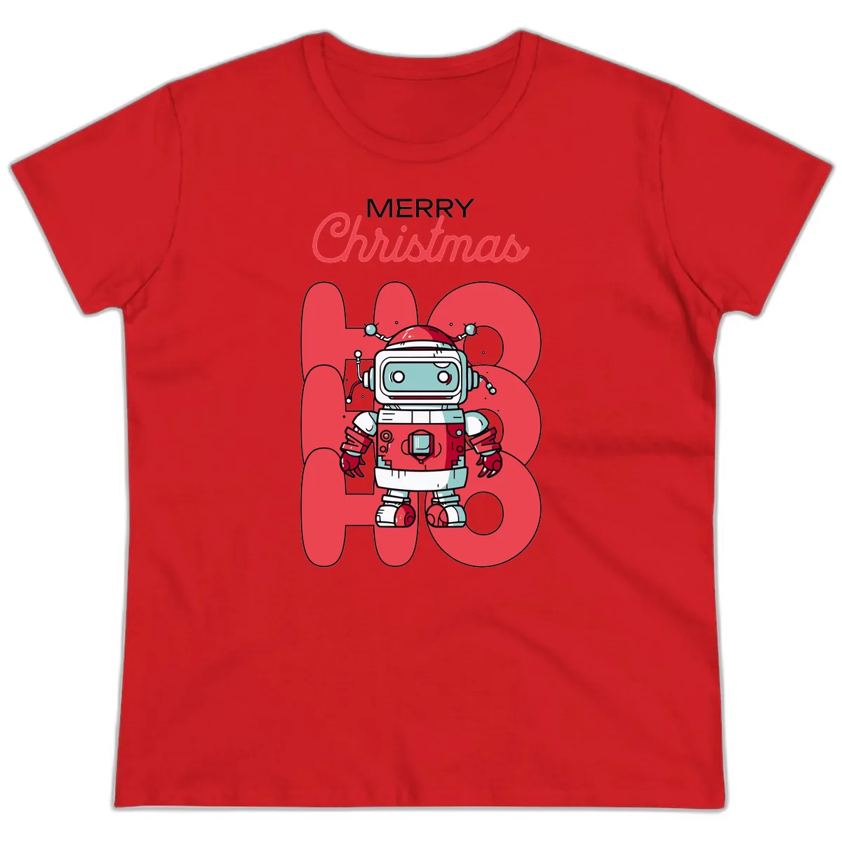Robot Ho Ho Ho Christmas Ladies Tee in Red