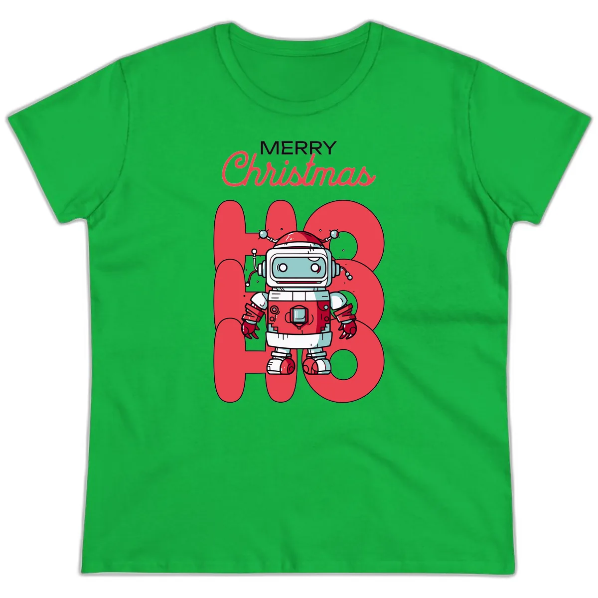 Robot Ho Ho Ho Christmas Ladies Tee in Irish Green