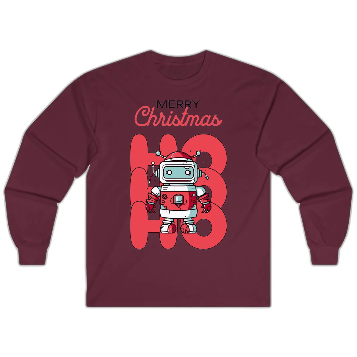 Robot Ho Ho Ho Christmas Long Sleeve in Maroon