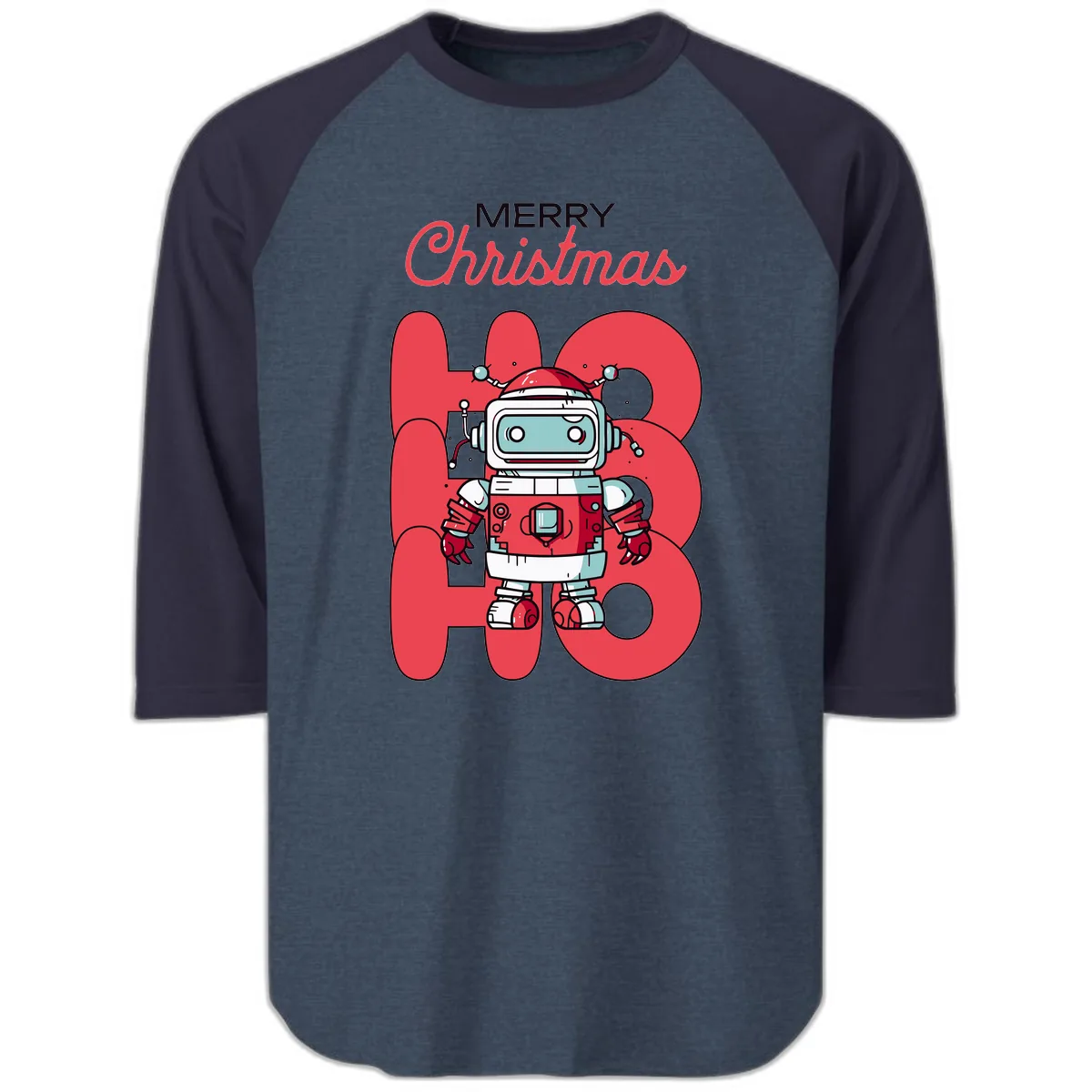 Robot Ho Ho Ho Christmas Raglan 3/4 in Heather Denim Navy