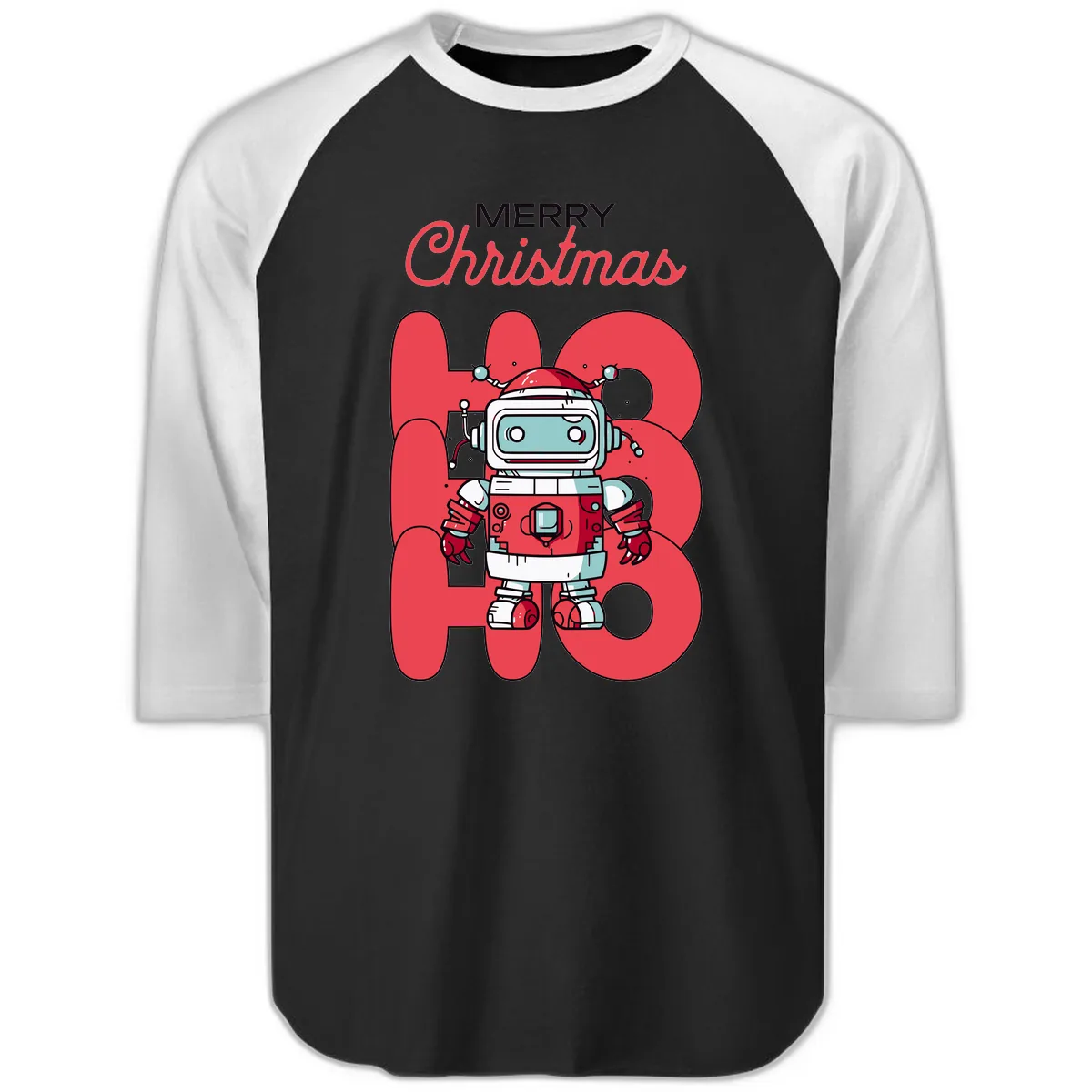 Robot Ho Ho Ho Christmas Raglan 3/4 in Black White