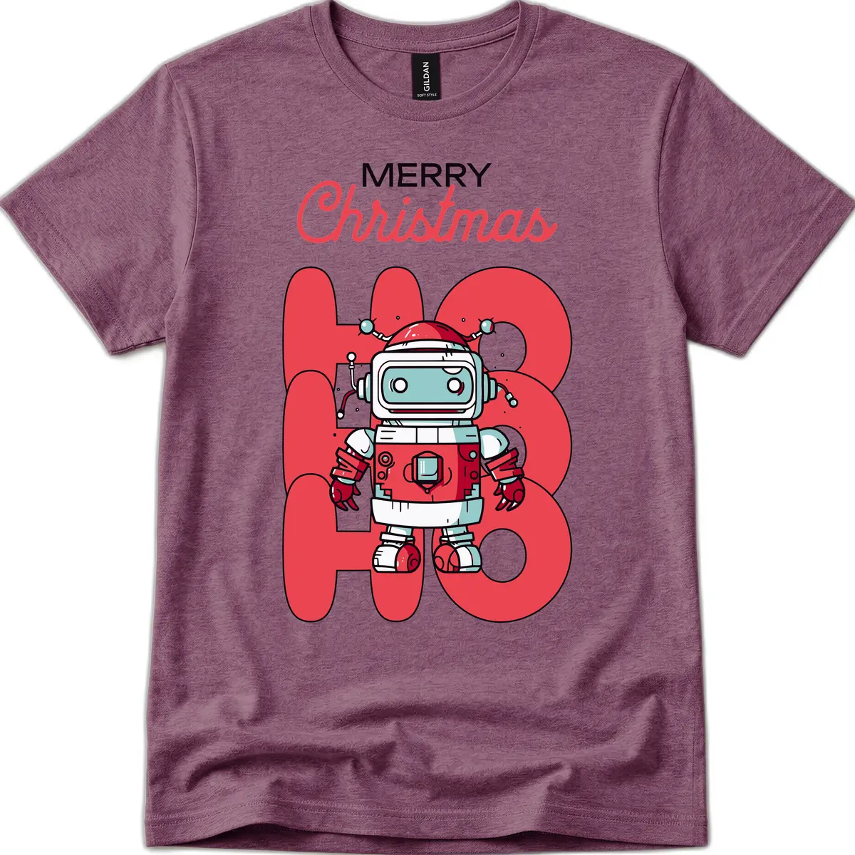 Robot Ho Ho Ho Christmas T-Shirt in Heather Maroon