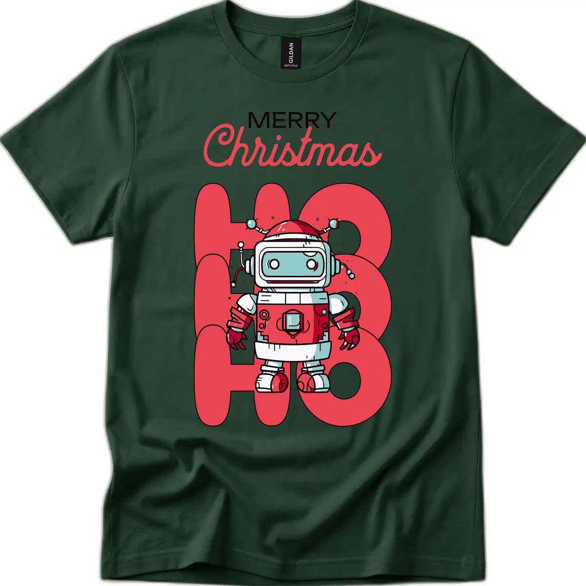 Robot Ho Ho Ho Christmas T-Shirt in Forest Green