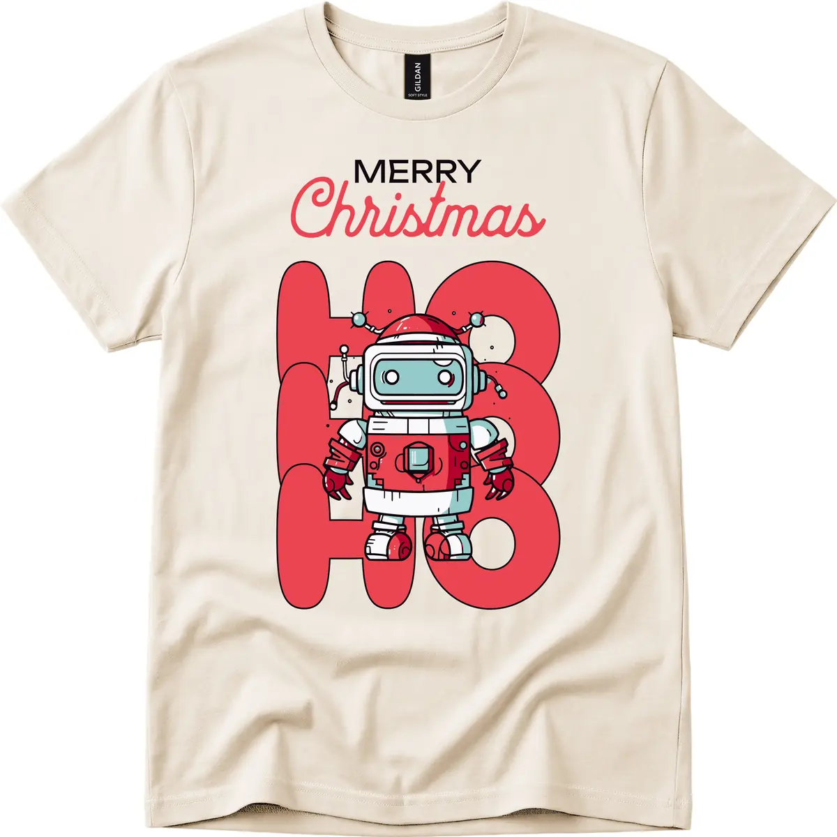 Robot Ho Ho Ho Christmas T-Shirt in Natural