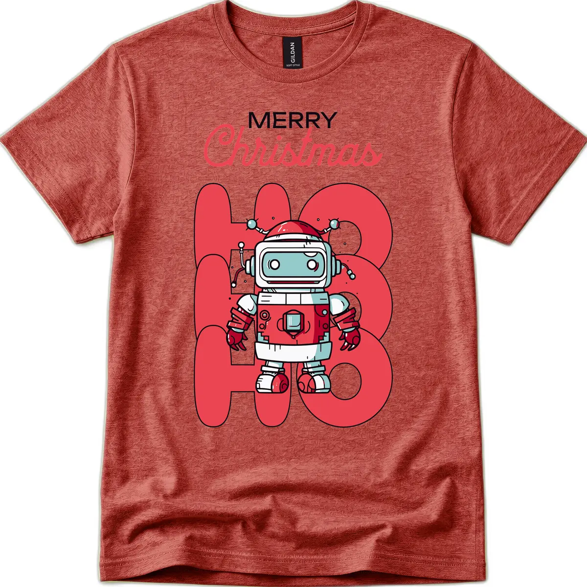 Robot Ho Ho Ho Christmas T-Shirt in Heather Cardinal