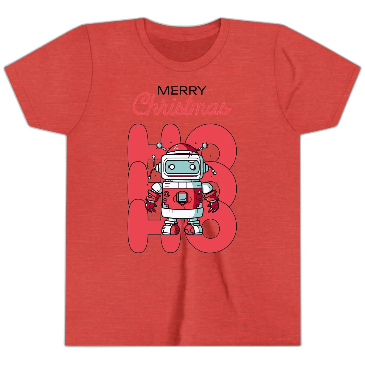Robot Ho Ho Ho Christmas Youth T-Shirt in Heather Red
