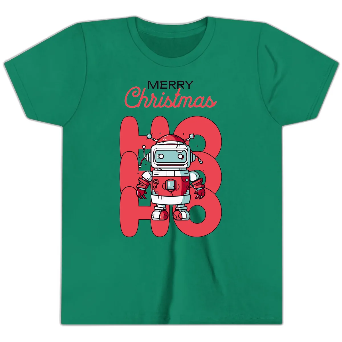Robot Ho Ho Ho Christmas Youth T-Shirt in Kelly