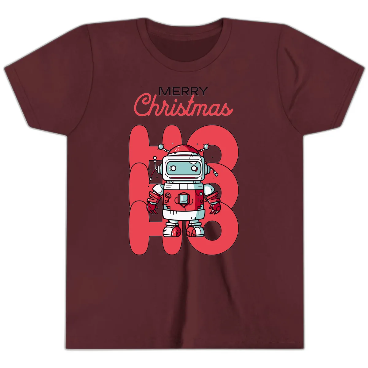 Robot Ho Ho Ho Christmas Youth T-Shirt in Maroon