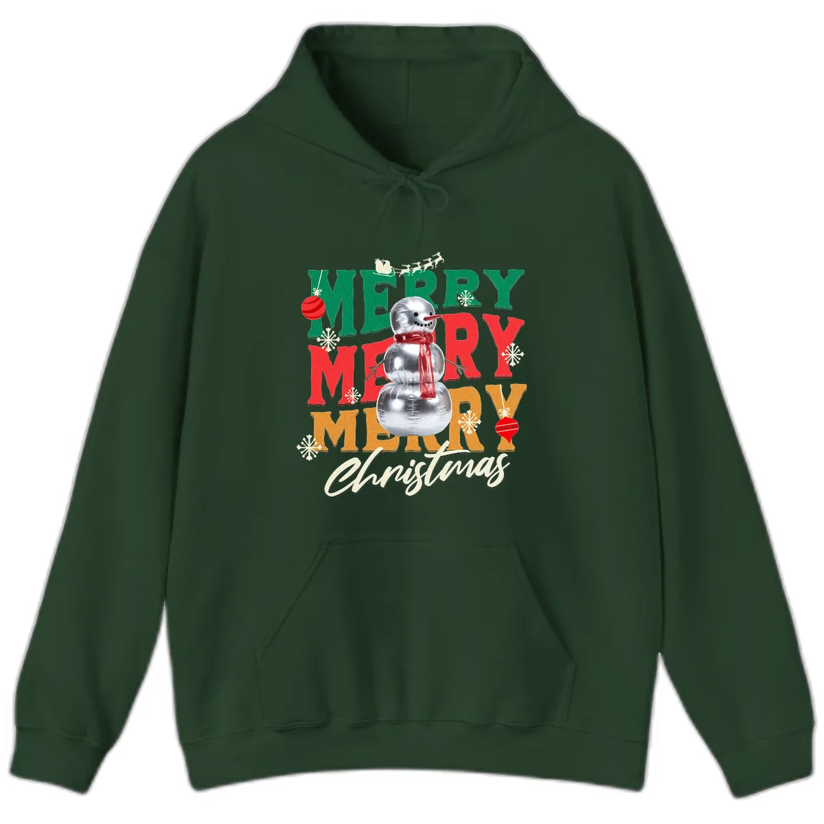 Merry Merry Snowman Christmas Design Hoodie in Forest Green