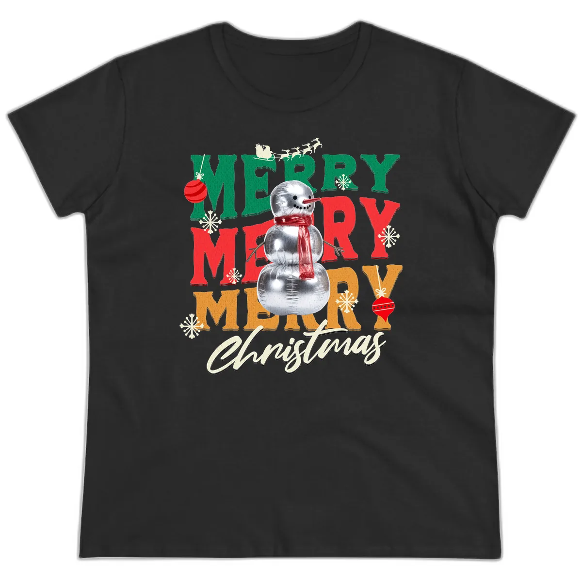 Merry Merry Snowman Christmas Design Ladies Tee in Black