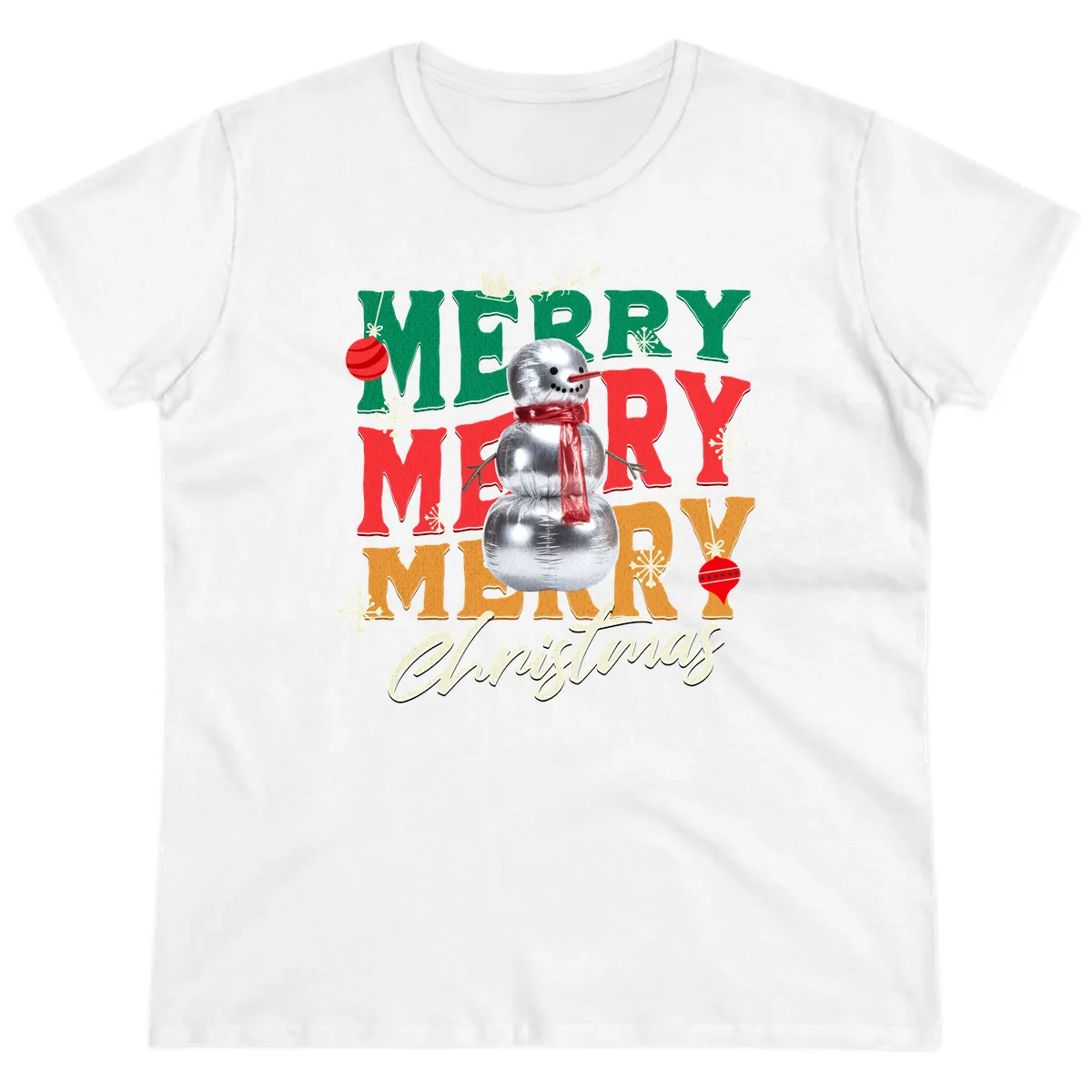 Merry Merry Snowman Christmas Design Ladies Tee in White