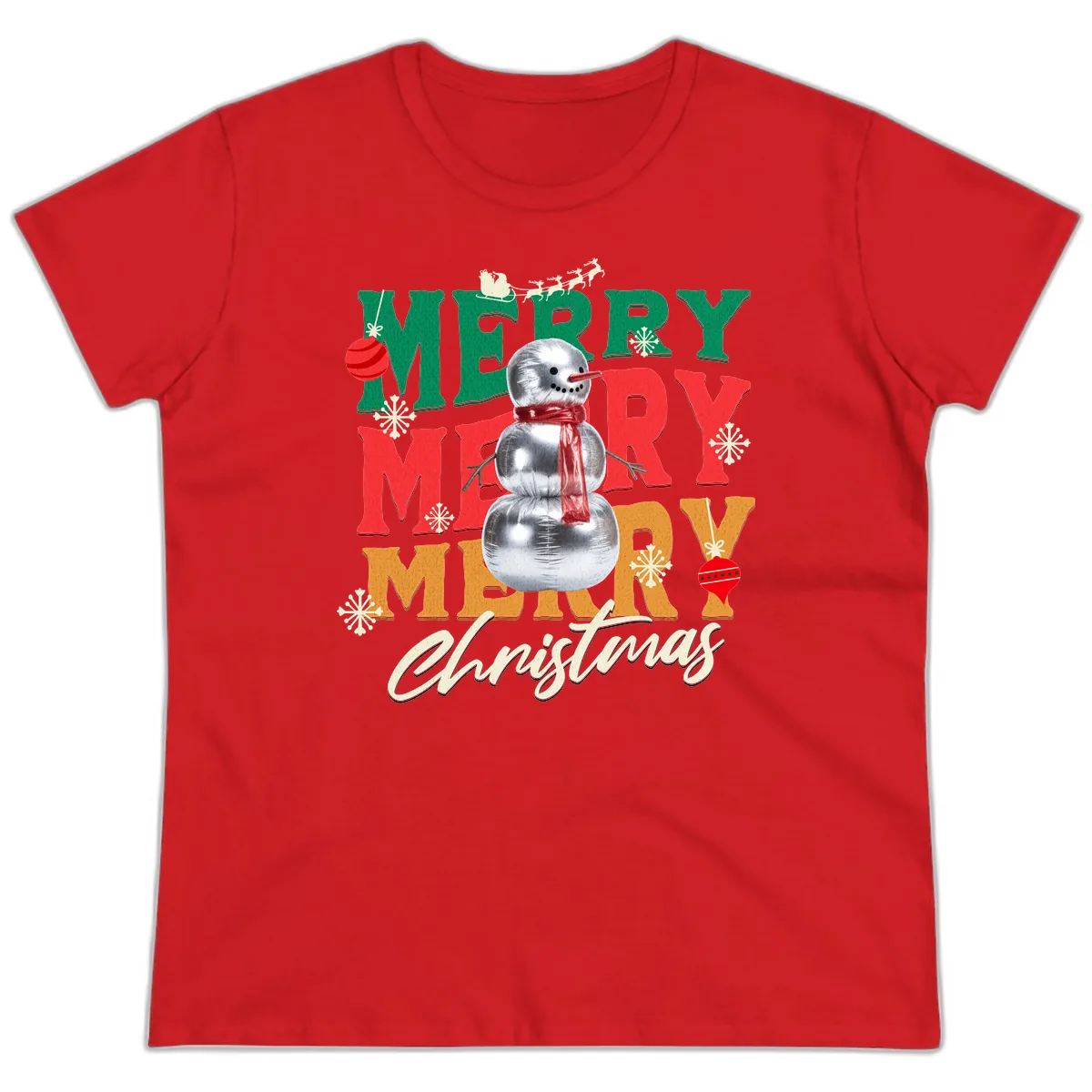 Merry Merry Snowman Christmas Design Ladies Tee in Red