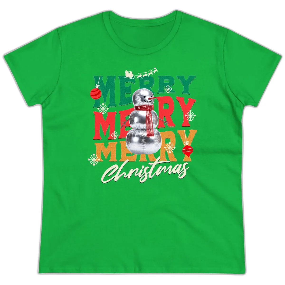 Merry Merry Snowman Christmas Design Ladies Tee in Irish Green