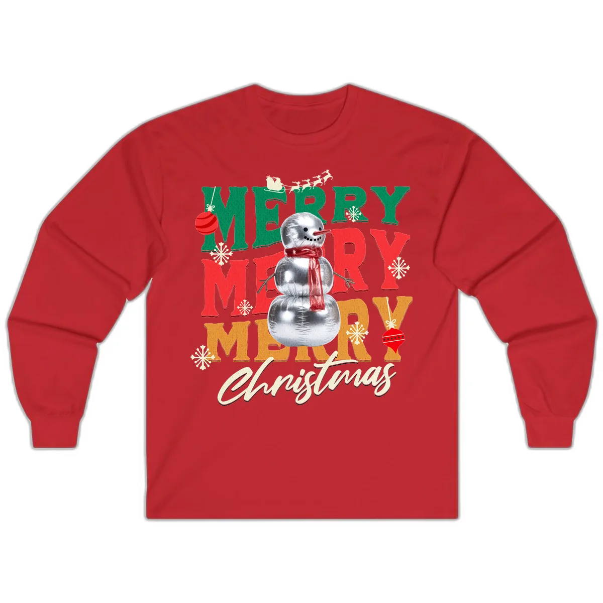 Merry Merry Snowman Christmas Design Long Sleeve in Red
